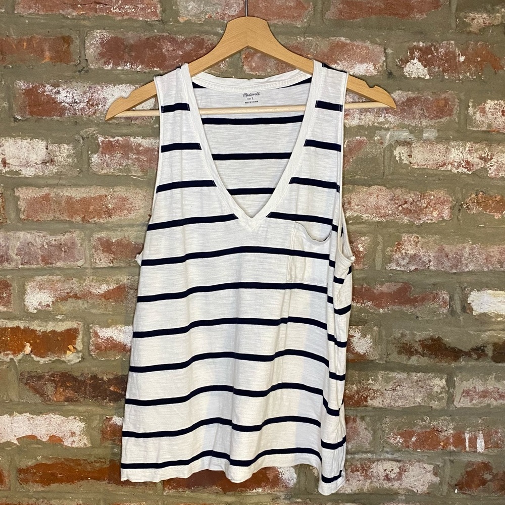 Madewell V Neck Sleeveless Striped Pocket Tee Sz L